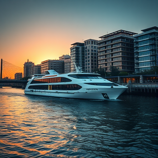 Regenerate the image of a river cruise ship sailing past modern buildings along the riverside during sunset, using a DSLR camera with a 50mm lens, aperture set to f/8, ISO 100, shutter speed of 1/250 sec, shot from a low angle to capture reflections in the water and enhance dynamic range.