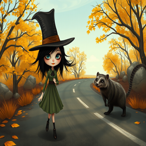 digital art fantasy depicting a strange girl with black hair, long eyelashes, Yellow lipstick and a tall hat walking along a winding road on an autumn afternoon, an Numbat smiles as she passes