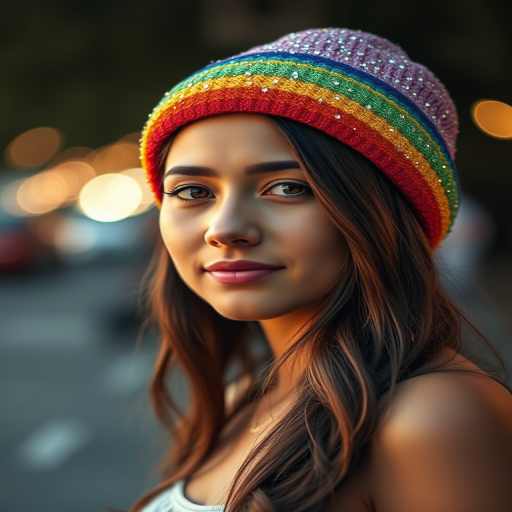 Portrait of a young woman wearing a sparkling rainbow hat, soft focus bokeh background, golden hour lighting, 85mm f/1.4 lens, ISO 100, aperture f/1.4, DSLR camera, shallow depth of field, high dynamic range.