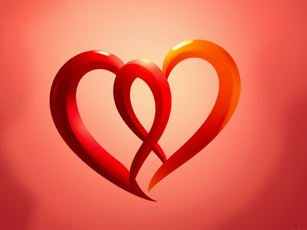 Create a high-resolution digital illustration of two intertwined hearts with a smooth gradient from deep red to orange, using a 50mm lens at f/2.8 aperture, captured in a soft-focus style with a DSLR camera.