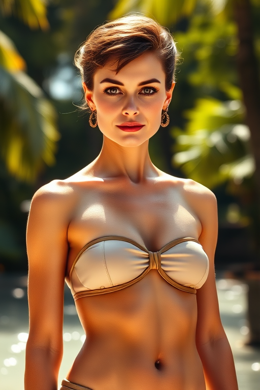 A photo of an old, beautiful Audrey Hepburn with light tanned skin, a small nose, and soft pink lips. She has perfect symmetric eyes and wears a strapless transparent bikini. She has a big female bosom with push-up. The model is standing under the warm sunlight, showcasing her toned figure and delicate curves. The background is a rain forest with sparkling water and trees. The overall ambiance is a perfect blend of luxury, glamour, and beachside leisure.