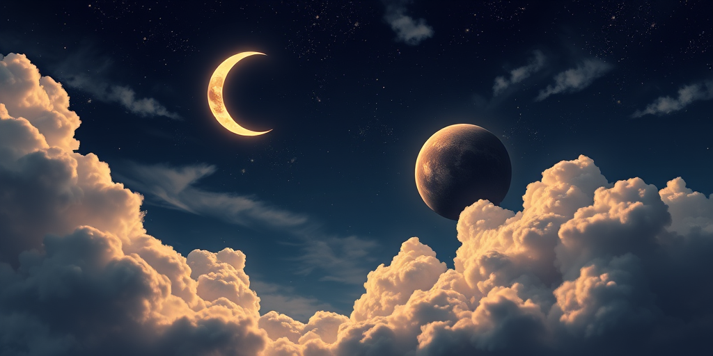 Generate an image of a dreamy night sky filled with fluffy clouds a glowing crescent moon and a large planet surrounded by twinkling stars and soft wispy clouds in a palette of dark blues and soft golds. The scene should evoke a sense of calm and wonder.
