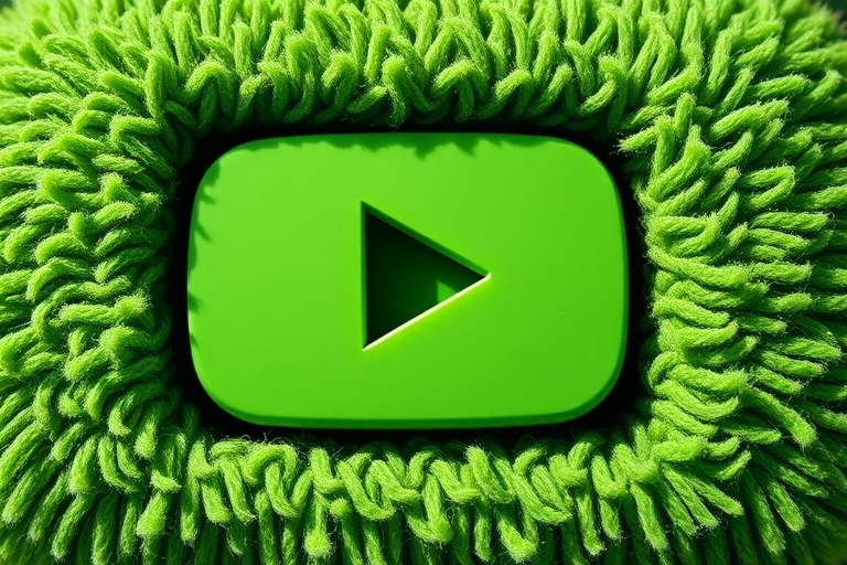 Generate a vibrant green YouTube play button with a textured, furry surface, using a Canon EOS R5 camera at f/2.8, ISO 100, and a 50mm lens, shot in natural lighting from a slightly elevated angle to enhance depth and detail.