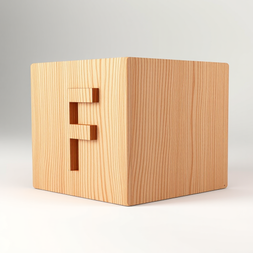 Create a highly detailed 3D rendering of a wooden cube with the letter "F" prominently displayed on each side, using a Canon EOS R5 with an f/8 aperture, 35mm focal length, and ISO 100, in a studio setting with soft lighting and a plain backdrop to enhance the image quality.