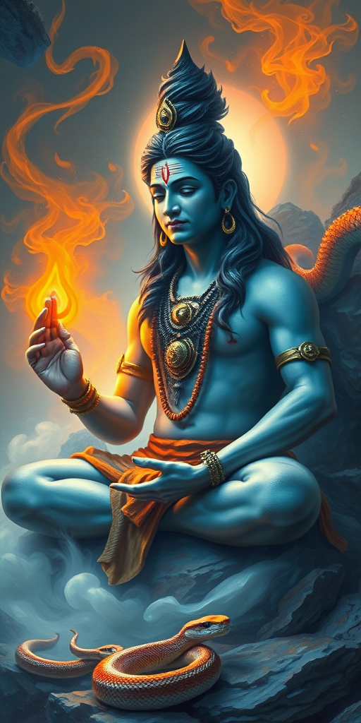 Create a digital painting of Lord Shiva meditating, with an ethereal glow, surrounded by snakes and vibrant orange and blue hues, using a DSLR camera, with aperture f/2.8, ISO 100, and a 50mm lens, focused on capturing intricate details and textures in the piece.