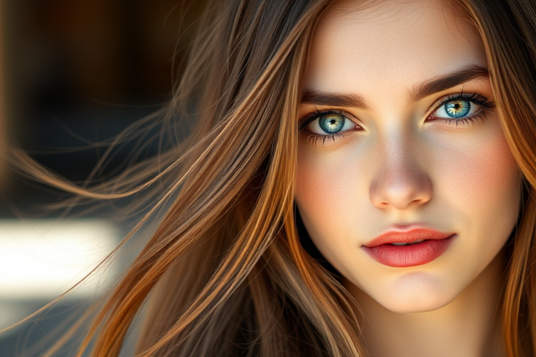 Create a portrait of a young woman with long, flowing brown hair and striking blue eyes, captured in natural daylight with a shallow depth of field, aperture set at f/1.8, using a Canon EOS R5, 85mm lens, vibrant colors, and soft bokeh background to enhance facial features and create a dreamy atmosphere.
