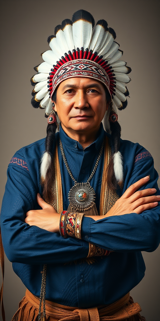 Create a dignified portrait of a Native American man dressed in traditional attire. He wears a beautifully crafted headdress adorned with white feathers and red beads, along with a beaded headband featuring intricate patterns. His clothing includes a deep blue, patterned shirt and a traditional chest piece with detailed beadwork. His arms are crossed, displaying leather armbands decorated with feathers. The background is simple and neutral, emphasizing his proud and stoic expression. The overall image captures the rich cultural heritage and strength of his persona.