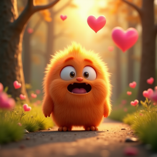 A fluffy orange creature with large eyes and a wide open mouth stands on a path in a whimsical forest, bright pink and red hearts float through the air, the creature has a surprised expression, the light is warm and soft, photorealistic, digital art, 3D style
