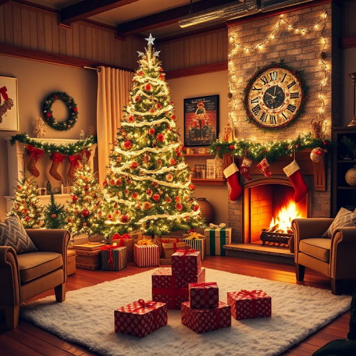 Cozy living room decorated for Christmas with a large illuminated tree adorned with ornaments and bows stockings hanging from the mantel a warm fireplace glowing with fire presents wrapped in festive paper on a white rug and comfortable seating in a welcoming atmosphere