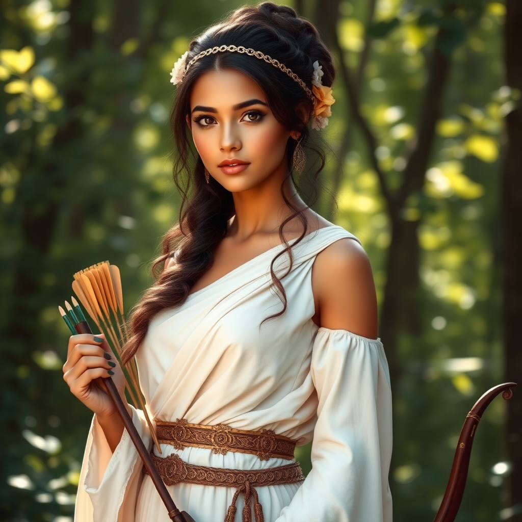 Create a portrait of a goddess-like Hispanic girl figure in a tranquil, forested environment. She has an elegant appearance with long, wavy hair styled in an updo and adorned with a delicate, floral headband. She wears a flowing, ancient Greek-inspired gown in a soft, pale color, featuring a one-shoulder design and draped fabric that accentuates her graceful form. The outfit includes a decorative belt with ornate gold detailing, and she holds a bow in her hand, with a quiver of arrows slung over her shoulder. The background depicts lush greenery, with sunlight filtering through the trees, casting a gentle, ethereal light on the scene. Her expression is calm and contemplative, embodying a sense of wisdom and serenity.