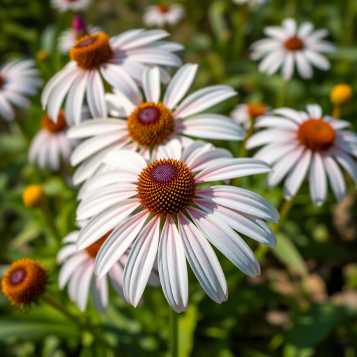 Generate a vibrant close-up image of white echinacea flowers with green leaves in a sunny garden setting, shot with a Canon EOS 90D, 50mm lens, aperture f/2.8, shutter speed 1/200, ISO 100, in natural light for a bright and clear focus.