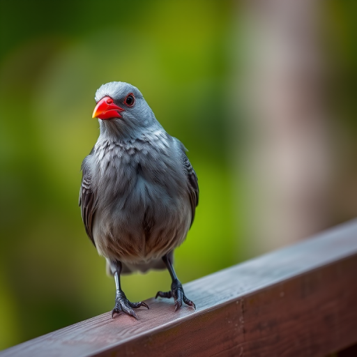 Capture a close-up of a gray bird with a bright red beak perched on a wooden railing, using a Canon EOS R5 with a 85mm f/1.2 lens, set to ISO 100, aperture f/2.8, shutter speed 1/500s, and natural daylight for vibrant colors and sharp detail.