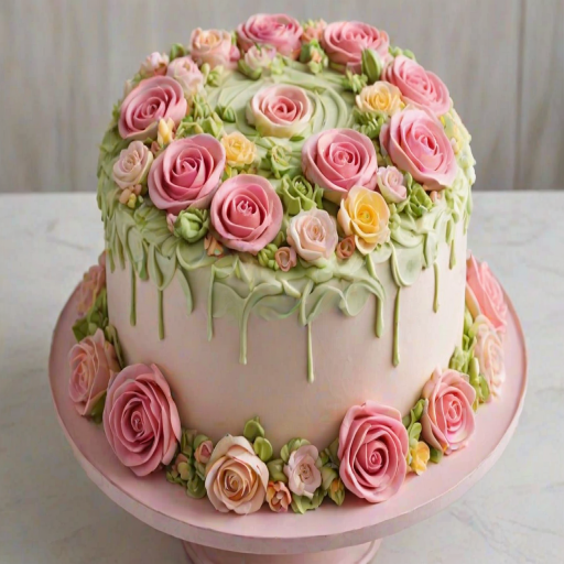 Create a beautifully decorated cake featuring a floral design made of pink and pastel-colored frosting. The cake should have a smooth white surface and be adorned with an array of intricate buttercream flowers, including roses and other floral shapes, arranged in a circular pattern around the top. The overall look should be elegant and visually appealing, suitable for a celebration.