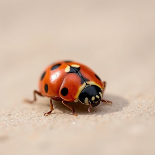 Close-up of a ladybug resting on a smooth surface, 50mm lens, f/2.8 aperture, ISO 100, 1/200 sec shutter speed, natural lighting, macro photography, DSLR camera.