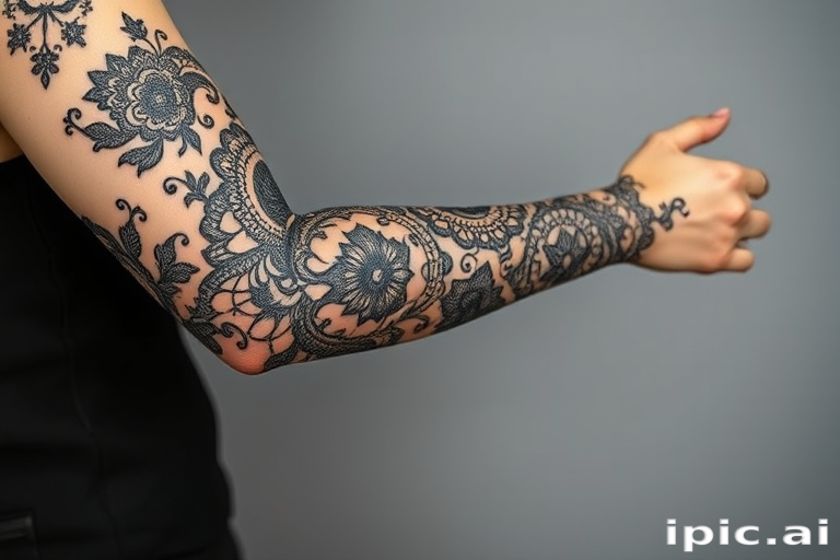 Ornamental blackwork tattoo of intricate lace patterns adorning the entire arm, creating the illusion of a delicate sleeve with negative space