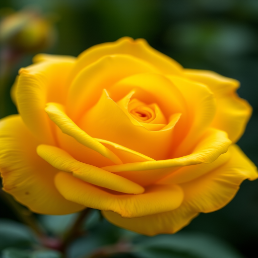 Generate a high-resolution image of a yellow rose close-up with soft lighting, shallow depth of field, aperture set to f/2.8, ISO 100, viewed from a slightly elevated angle, using a DSLR camera with a macro lens.