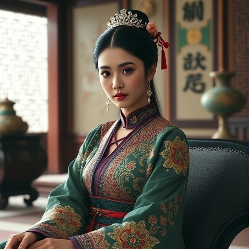 A beautiful Armenian woman in traditional East Asian attire, intricately detailed with embroidered patterns, sitting gracefully in a richly decorated room, soft ambient lighting, serene and elegant, ultra-realistic, 8K resolution