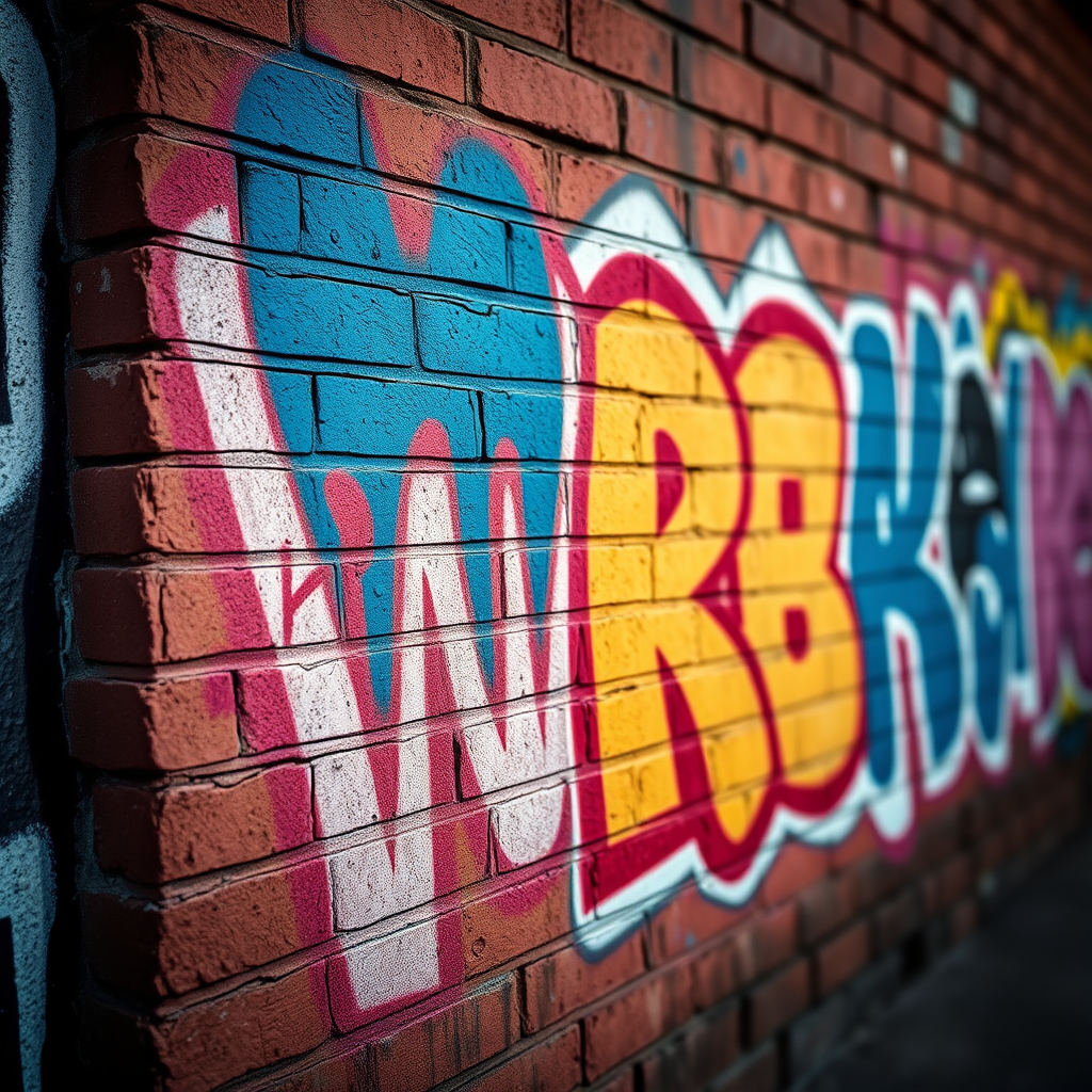 Graffiti on a textured brick wall with vibrant colors, shot with a Canon EOS 5D Mark IV at f/8, 1/200s, ISO 200, in natural light, with a shallow depth of field to enhance color contrast and detail.