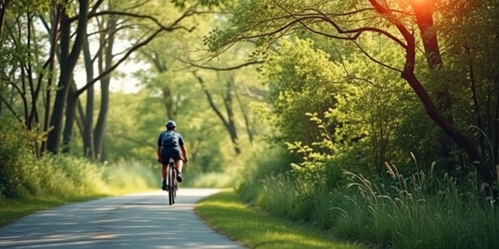 a cyclist riding on a tranquil path surrounded by lush greenery, captured with a Canon EOS R5, 35mm lens, f/2.8 aperture, ISO 100, 1/500 sec shutter speed, natural lighting, shallow depth of field for a soft background blur