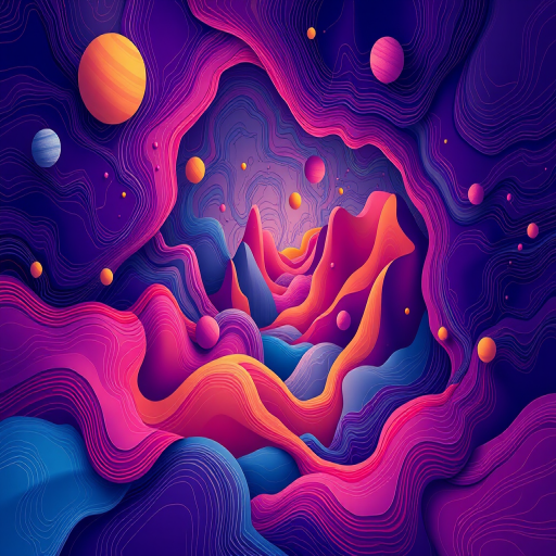 Create an abstract digital illustration of a whimsical landscape featuring flowing lines and geometric shapes, shot with a Canon EOS R5, 50mm f/1.2 lens, aperture at f/2.8, ISO 100, 1/250 sec shutter speed, in a top-down view with vibrant colors and high contrast.