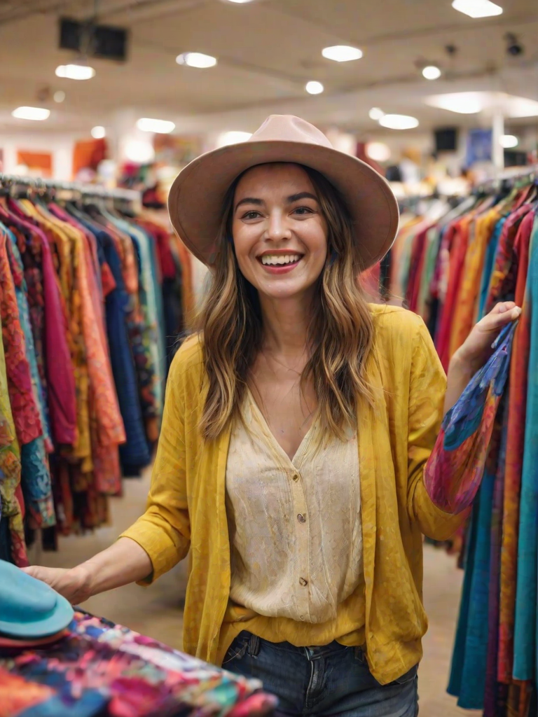 Blurry candid shot of a woman shopping in a vibrant clothing store, surrounded by colorful fabrics and accessories, with a playful expression as she tries on a stylish hat.