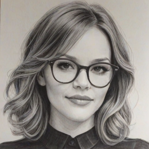Wonderful Katharine McPhee, pencil sketch, portrait of Radiant woman 1957s in glasses, hair style beatnik, outline, clear lines, fine lines, 8k
