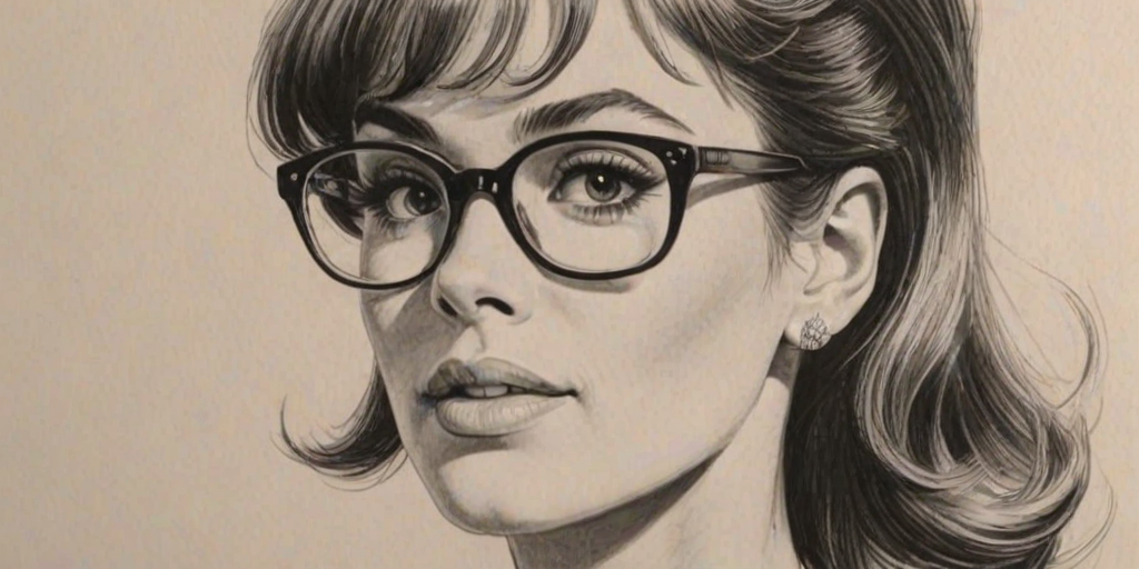 Beauteous Audrey Plaza, pencil sketch, portrait of Dazzling woman 1963s in glasses, hair style beatnik, outline, clear lines, fine lines, 8k