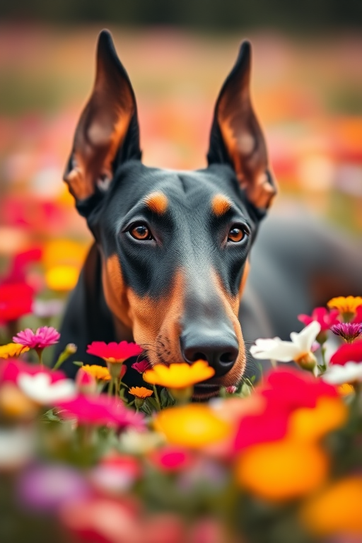 A close-up portrait of a Doberman lying in a field of colorful flowers, with a soft bokeh background, captured using a DSLR camera with a 50mm f/1.8 lens, ISO 200, aperture f/2.8, and a warm daylight setting for enhanced colors and depth.