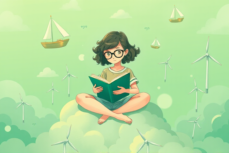 Create an illustration of a girl with curly hair and glasses sitting cross-legged on clouds while reading a book, surrounded by whimsical floating elements like boats and wind turbines, in a vibrant green color palette; use a Canon EOS 5D Mark IV with a 50mm lens, aperture f/1.8, ISO 100, and a shallow depth of field for a dreamy effect.