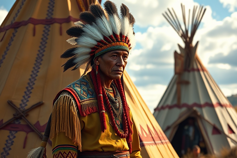 Create a high-quality digital illustration of a native American man standing beside a traditional teepee, shot with a Canon EOS R5 at f/2.8, ISO 100, and a 35mm lens in vibrant colors and detailed textures.