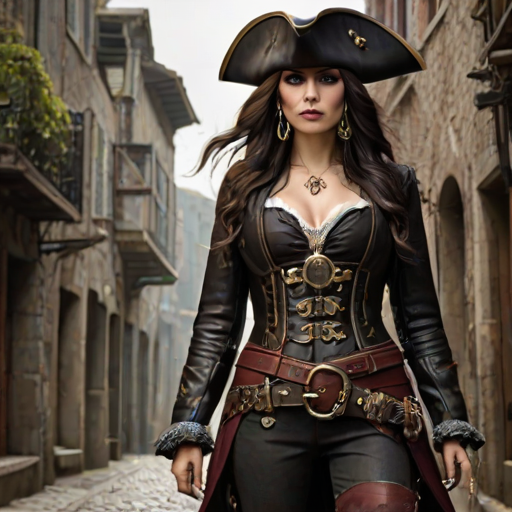 Create a portrait of a fierce female pirate. She wears a leather tricorn hat adorned with a skull and crossbones emblem, and her long, dark hair flows around her face. Her outfit consists of a richly detailed leather jacket, a corset, and multiple layers of belts and accessories, giving her a formidable and stylish appearance. She stands confidently in a dimly lit, historic port town, with a backdrop of weathered buildings and cobblestone streets, capturing the adventurous spirit of a pirate.