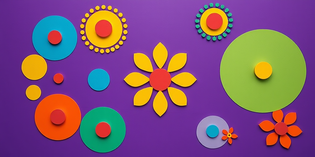 Create an abstract pattern with colorful circular shapes and stylized flowers on a vibrant purple background, using a Canon EOS R5 camera, with a 50mm lens, f/1.8 aperture, ISO 100, shooting from an overhead view.