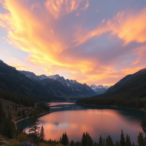 Generate an image of a serene landscape with a lake surrounded by mountains during sunset, camera settings: aperture f/8, ISO 100, shutter speed 1/125s, camera view: wide-angle, camera style: natural, camera type: DSLR.