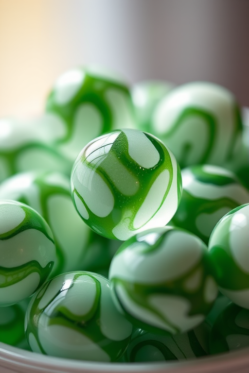 Capture a close-up shot of a cluster of green and white marbled glass orbs with soft natural lighting, using a DSLR camera with a 50mm lens at f/2.8, ISO 100, and a shutter speed of 1/125s, ensuring a shallow depth of field to isolate the subject against a softly blurred background.