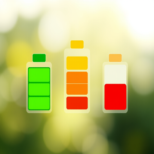 Create a high-resolution image of three battery icons in a vertical alignment with varying charge levels: fully charged (green), half charged (orange), and low charged (red), using a DSLR camera with a 50mm lens, f/2.8 aperture, ISO 100, shooting in natural light with a shallow depth of field for a clean background.