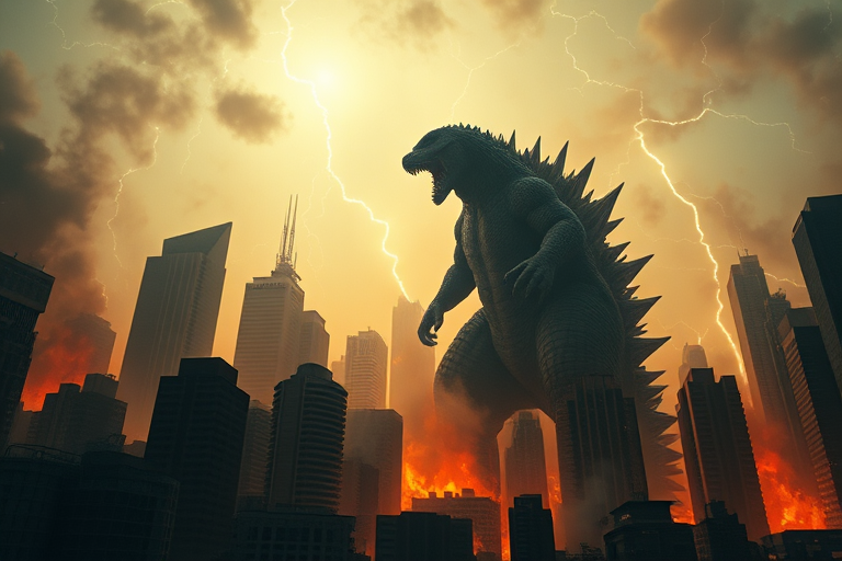 A dramatic scene of a giant monster similar to Godzilla roaring in a cityscape engulfed in flames and smoke, illuminated by lightning, captured with a DSLR camera at 24 mm, f/2.8, ISO 400, using a low-angle shot for a dynamic perspective.