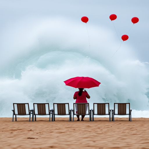 Create a high-resolution image of a massive wave crashing near a beach with a row of empty chairs and two silhouetted figures holding umbrellas, vibrant red balloons floating in the air, shot with a Canon EOS R5 at f/8, ISO 100, shutter speed 1/250s, wide-angle lens, with a dynamic perspective to capture the dramatic ocean scene.