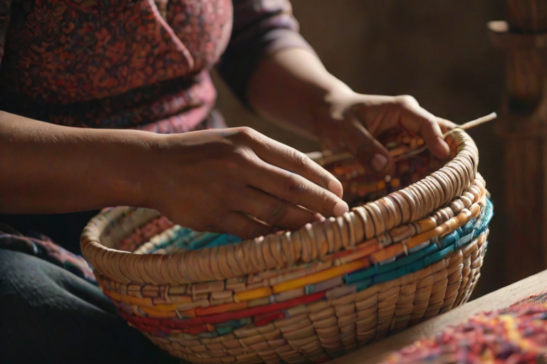 Close-up of a woman’s hands weaving a traditional basket, with colorful materials surrounding her, and soft light illuminating her focused expression, showcasing craftsmanship and skill.