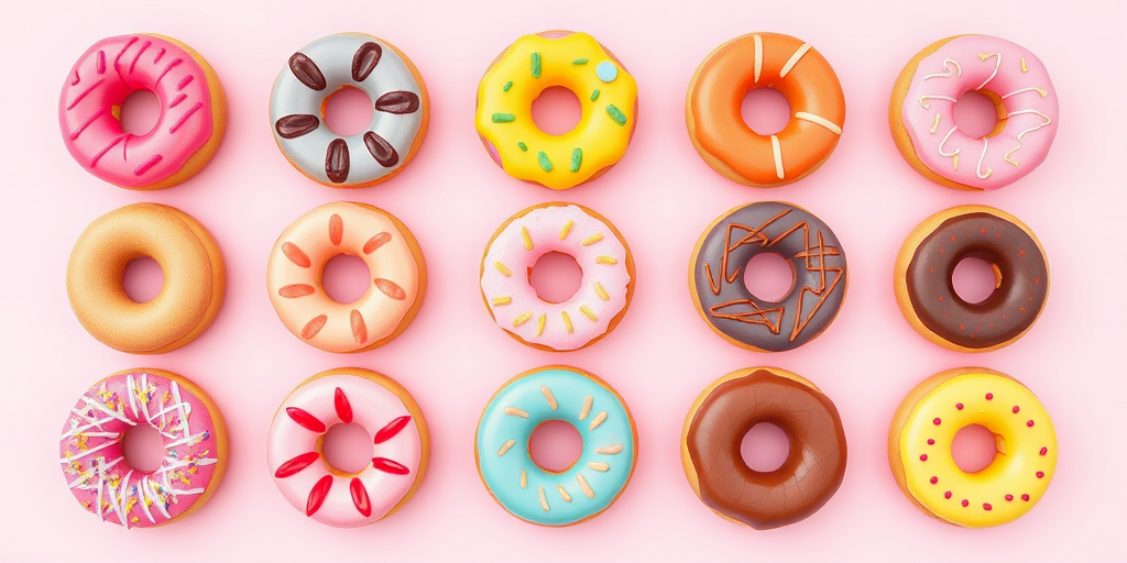 Illustrate a grid of nine colorful donuts with various toppings on a soft pastel background, using a Canon EOS R5 camera, 50mm lens, f/2.8 aperture, ISO 100, and soft natural lighting for enhanced clarity and vibrancy.