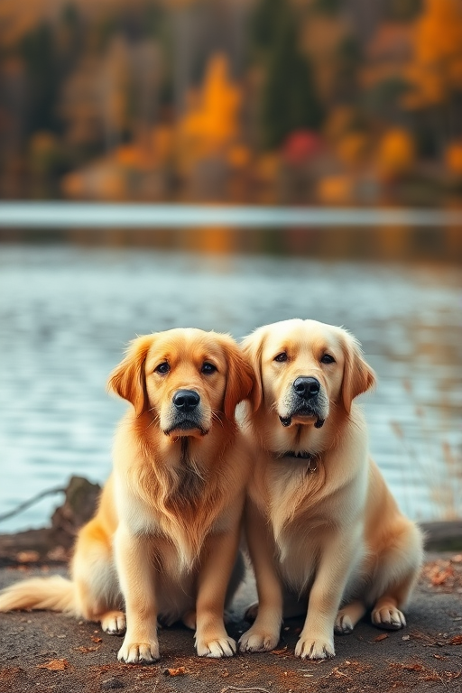 Capture a serene portrait of two golden retrievers sitting side by side by a tranquil lake during autumn, with soft natural lighting, a 50mm lens, f/2.8 aperture, ISO 100, and shallow depth of field to enhance subject focus while softly blurring the background.
