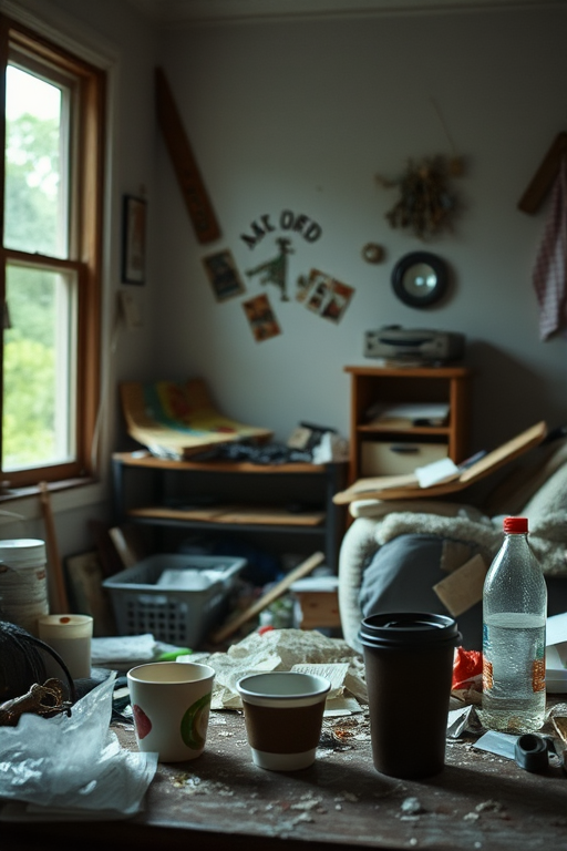 indoors, messy room, cup, bottle, window,mess