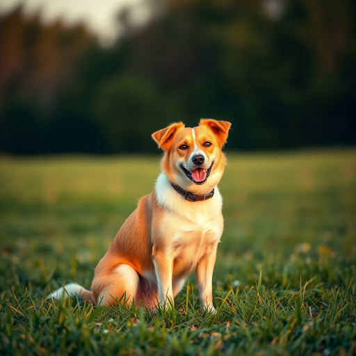 Generate a high-resolution image of a dog sitting on a grassy field during golden hour, captured with a Canon EOS R5, 85mm lens, f/1.8 aperture, ISO 100, shutter speed 1/200s, with a shallow depth of field to emphasize the subject against a soft blurred background.