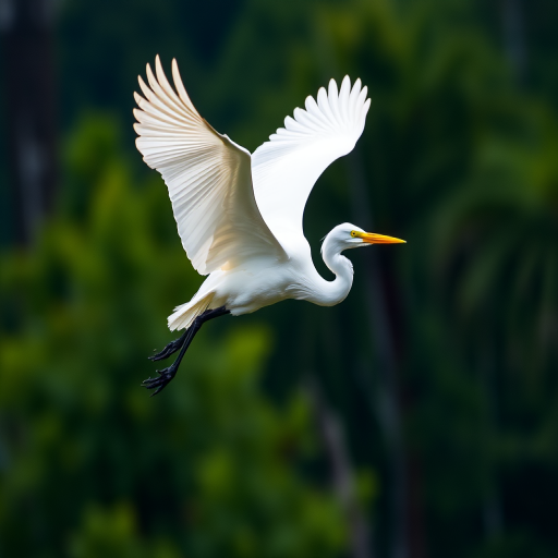 A majestic white heron in flight against a blurred forest background, captured with a Canon EOS 5D Mark IV, 85mm lens, aperture f/4, shutter speed 1/1000 sec, ISO 400, in natural light, with a focus on capturing intricate feather details and vibrant colors.