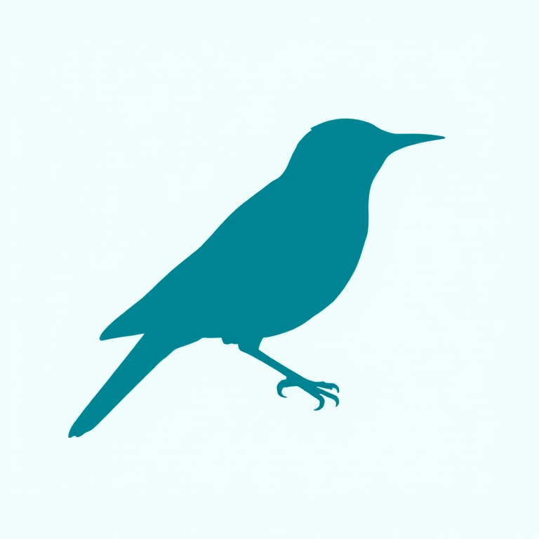 Create a detailed illustration of a stylized bird silhouette in vibrant teal against a clean, minimal background, using a DSLR camera at f/2.8 aperture, ISO 100, 50mm lens, with a side lighting setup to enhance the shape and texture of the bird.
