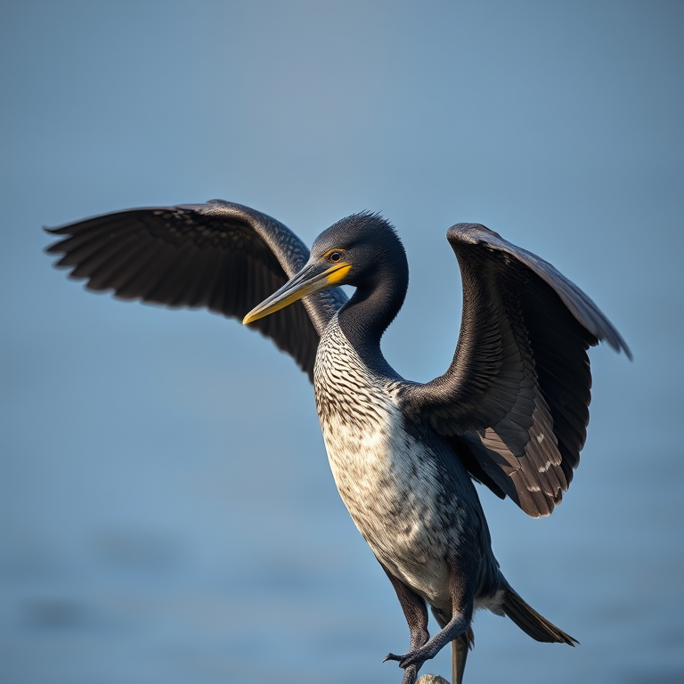 Regenerate the image of a cormorant with its wings spread, captured in sharp detail with a Canon EOS R5 camera, 85mm lens at f/1.8, ISO 100, shutter speed 1/2000s, in natural light with a blurred background to enhance focus on the bird.