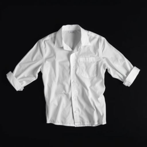 Create a high-resolution image of a white shirt floating against a solid black background, using a DSLR camera with a 50mm lens at f/2.8, ISO 100, and a shutter speed of 1/200s, in a top-down view with soft lighting for enhanced depth and shadows.