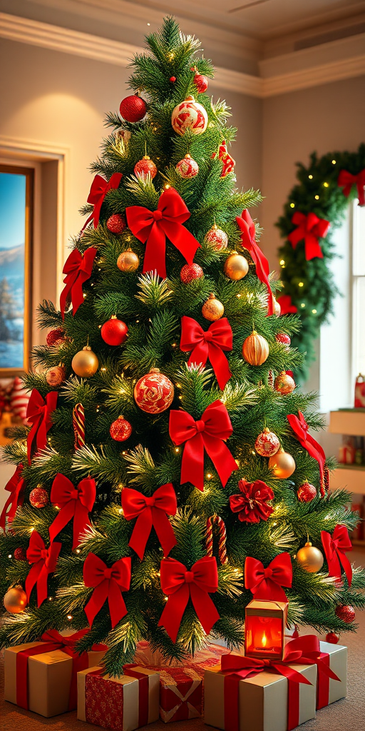 Generate an image of a beautifully decorated Christmas tree. The tree should be lush and green, adorned with bright red bows, colorful ornaments, and twinkling white lights. The setting should have a warm, cozy atmosphere, with soft lighting and a hint of holiday decorations in the background.