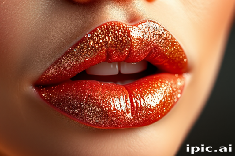 Glittering rose gold lips catching the light, three-dimensional texture with micro-shimmer, plush and pillowy appearance, glamorous and eye-catching Champagne Fizz Glitz style