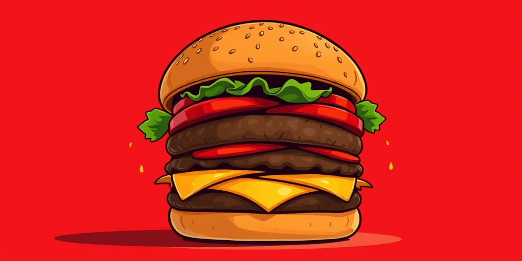 Create a high-resolution vector-style illustration of a cartoonish burger with exaggerated features, set against a vibrant red background, using a Canon EOS R5 with a 50mm lens at f/2.8, ISO 100, and a focused view to emphasize the details of the burger.