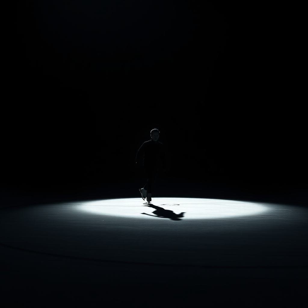 Create a high-contrast silhouette of a person ice skating on a dark background, using a DSLR camera with a 50mm lens, aperture set to f/2.8, ISO 100, and a shutter speed of 1/500s, ensuring sharpness and clarity in the motion.